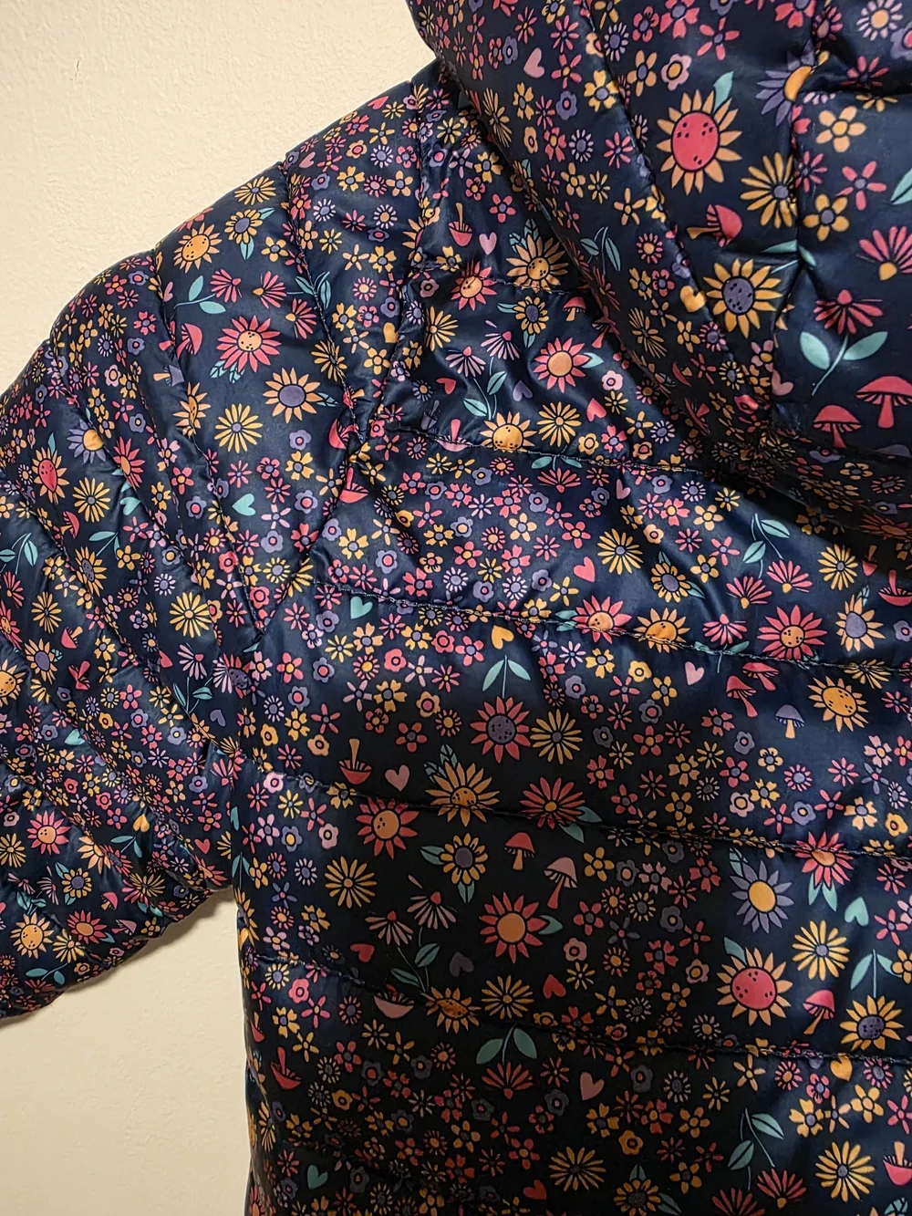 Jumping Beans Girls' Floral Navy Puffer Jacket with Pink Trim